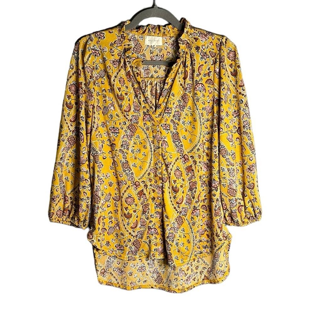 Melloday Yellow Floral Long Sleeve Blouse Size Medium